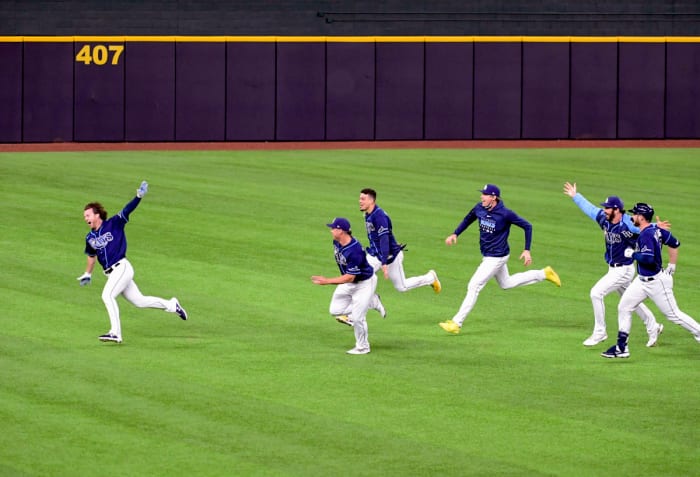 Brett Phillips, flying, 2020 World Series walk-off